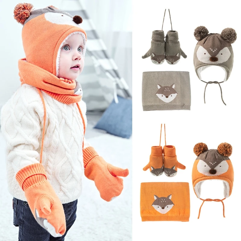 

Fashion Children Cartoon Knitted Beanie Hats Gloves Suits Kids Winter Outdoor Warm Cap Newborn Baby Clothes Accessories
