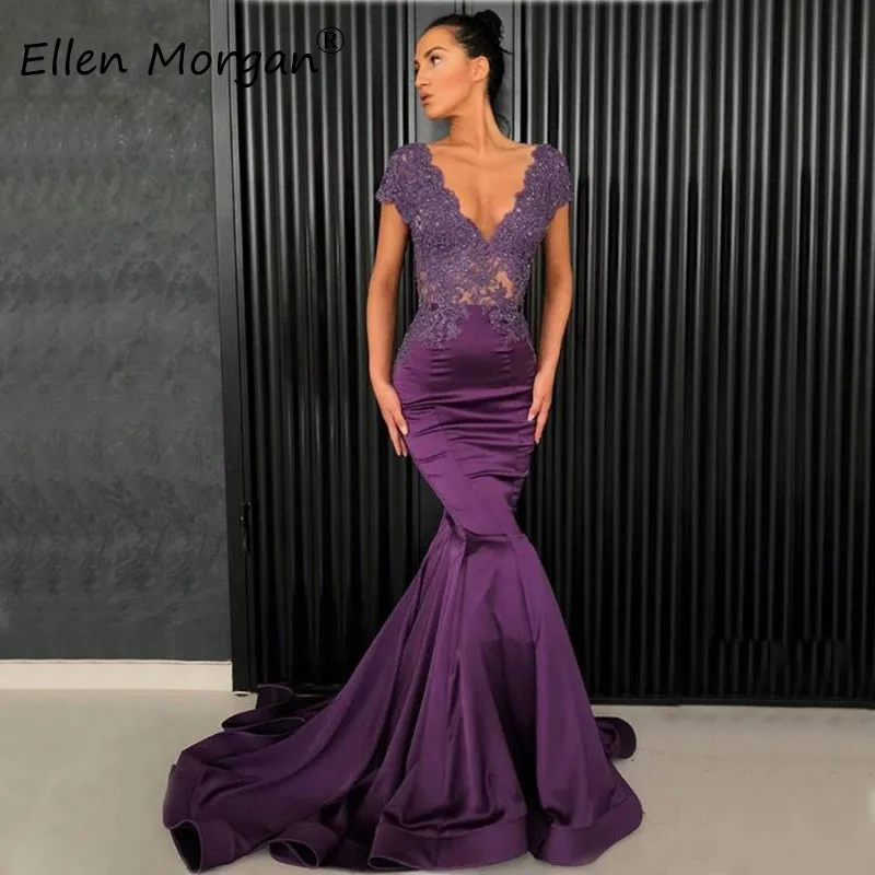 Виноградное сексуальное платье русалки для выпускного вечера для женщин vestido de festa, v-образный вырез, рукава-крылышки, кружевные аппликации, бисерные пышные вечерние платья