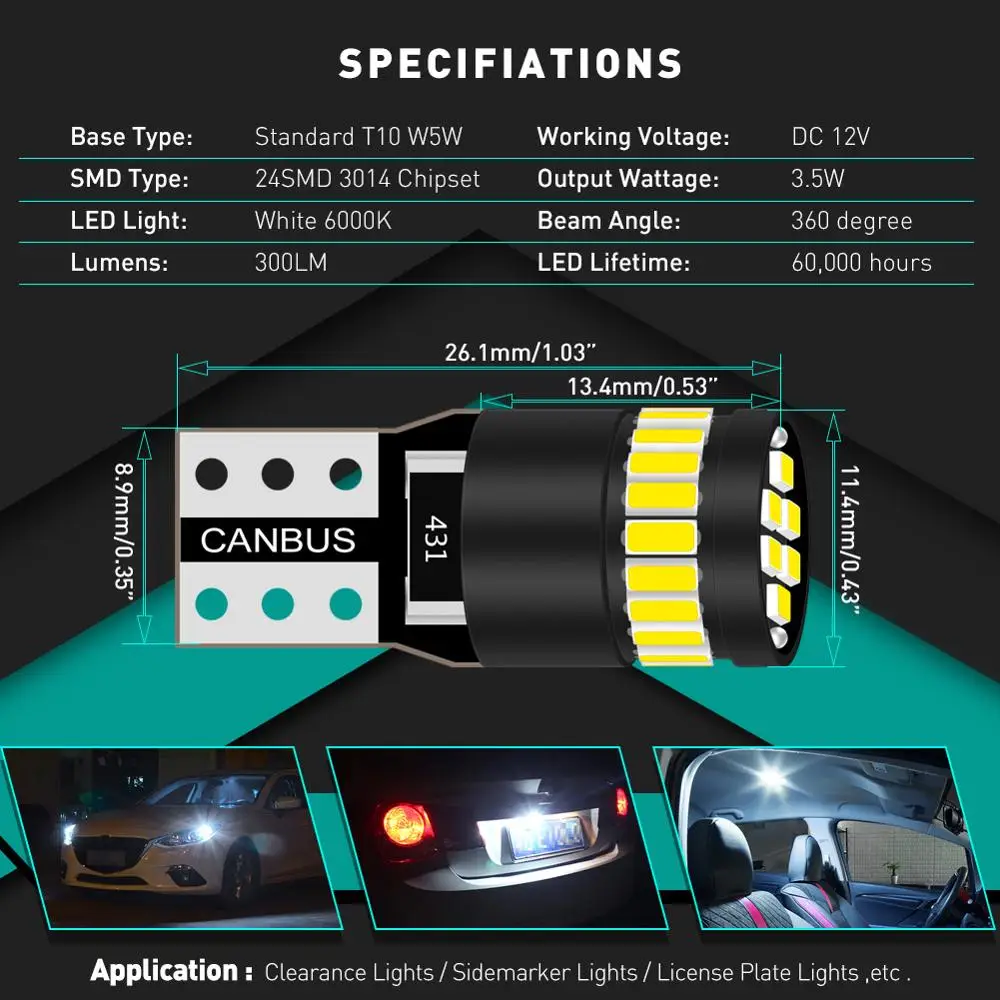 Светодиодный светильник 10x T10 194 168 175 2825 W5W 158 161 3014 SMD 6000K с резистором Canbus для