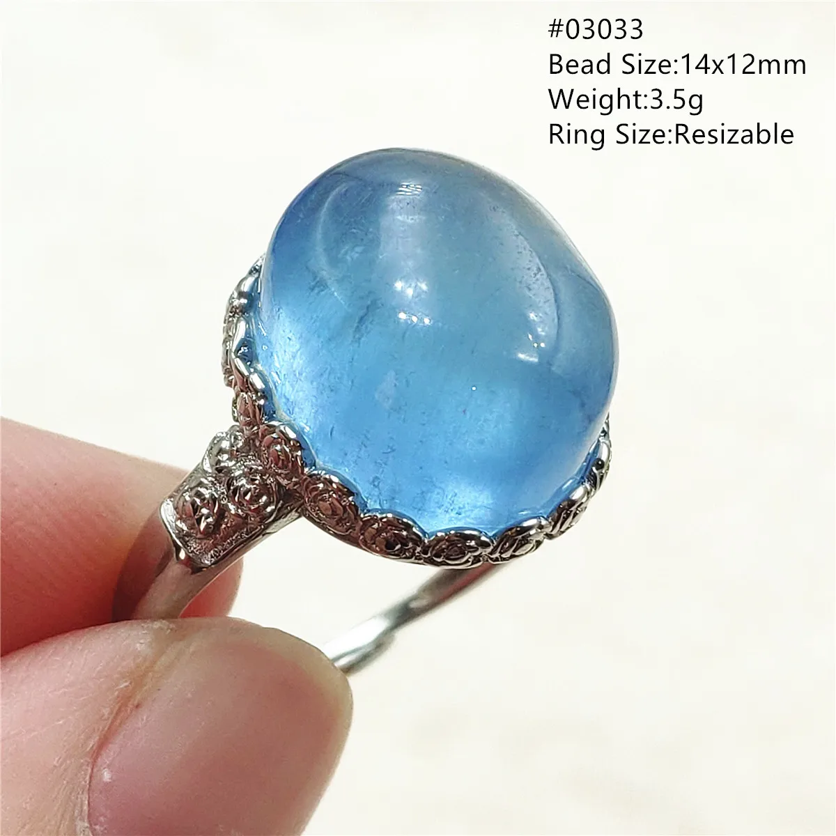 Exquisite Natural Blue Aquamarine Adjustable Ring in Sterling Silver