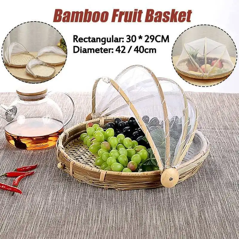 Handmade Bamboo Woven Bug Proof Wicker Basket Round Dustproof Picnic Fruit Tray Food Bread Dishes Cover With Gauze Panier Osier | Дом и сад