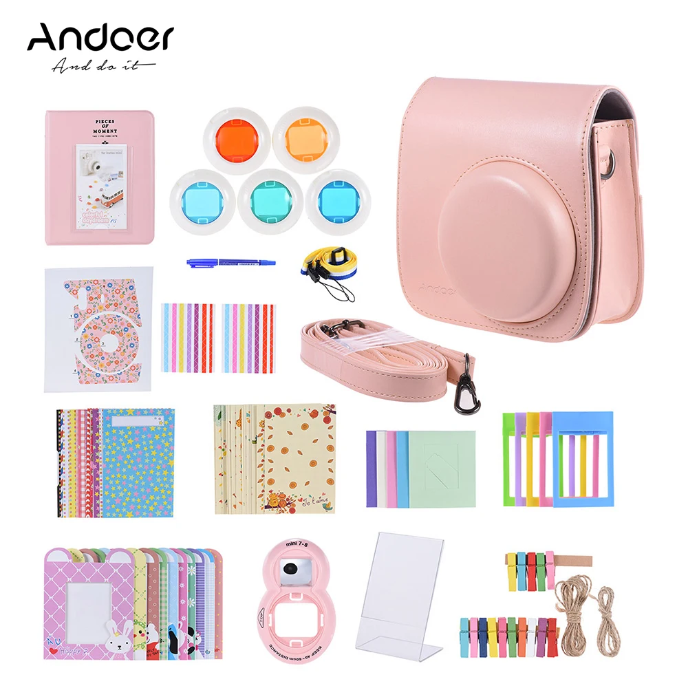 Andoer 14 в 1 комплект аксессуаров для Fujifilm Instax Mini 8/8+/8 s/9 w/чехол для камеры/ремешок/Наклейка/селфи объектив/5* Цветной фильтр и т. Д