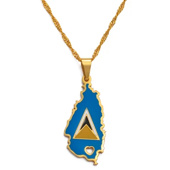 

Anniyo Heart Saint Lucia Map and Flag Necklace for Women Girl Gold Color Jewelry St. Lucia Pendant Chains Jewellery #133521