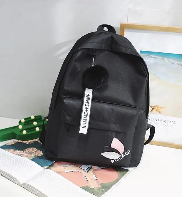 Повседневный холщовый рюкзак, Студенческая сумка на плечо, модная школьная книга, рюкзак для подростков, с аппликацией, меховой шар, ранец, сумка в консервативном стиле - Цвет: black