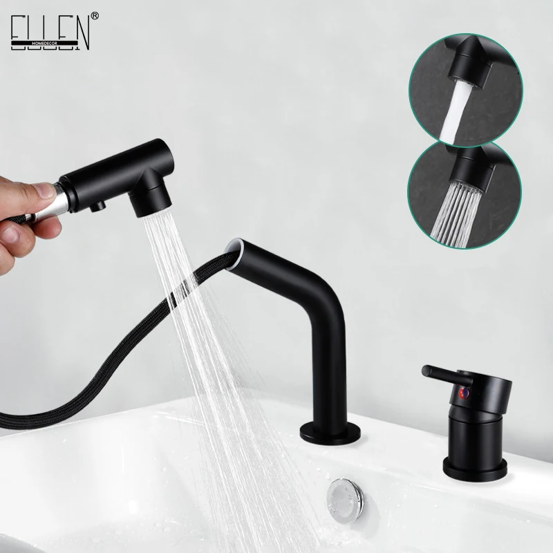 

Эллен, смеситель для раковины в ванной комнате с 2 отверстиями, выдвижной смеситель для раковины, кран с черной отделкой ELK306