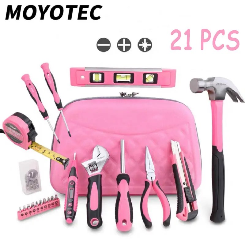 US $78.65 MOYOTEC 21PCS Pink Tool Set Ladies Hand Tool Set With Easy Carrying Pouch Home Tool Set for DIY Home Maintenance