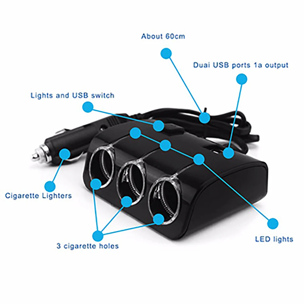 Разветвитель прикуривателя 12/24V(на 3 выхода+ 2 USB