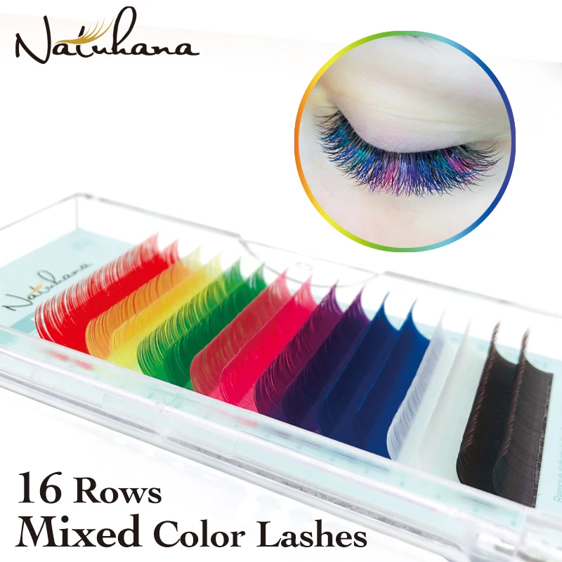 

NATUHANA 16rows Mixed Color Eyelash Extension Individual Colorful Synthetic Mink Eyelashes Colored Fales Lashes for Makeup Salon