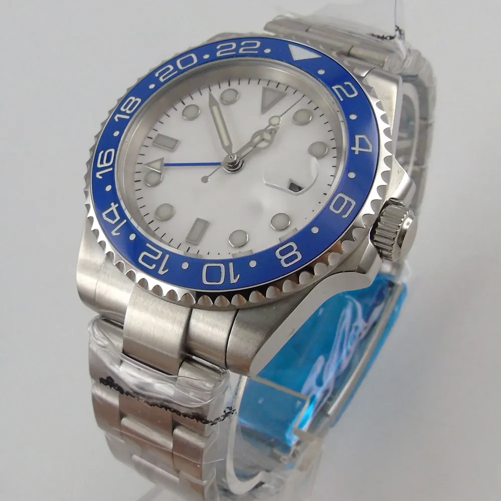 40mm branco estéril dial azul gmt relógio