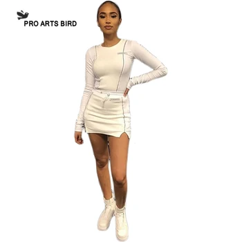 

Hot Women's Reflective Strip Long-sleeved Suit Solid Color Two Pieces Short Skirt New Arrive Fashion Female