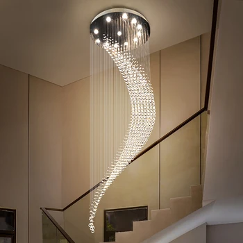 

New Modern duplex spiral staircase ceiling chandelier lighting moon long crystal chandeliers villa hall hanging line lamp