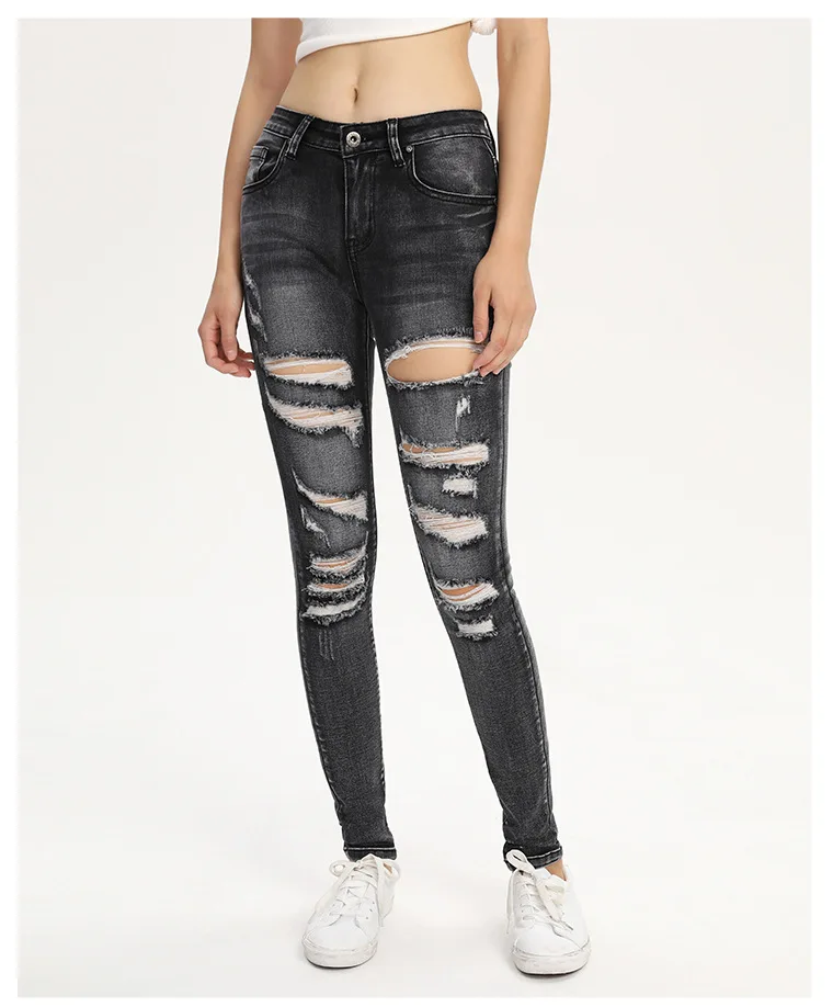 Streetwear Ripped Jeans for Women Skinny Black Distressed Denim Pants Stretch Push Up Slim Femme New Autumn Sale Items