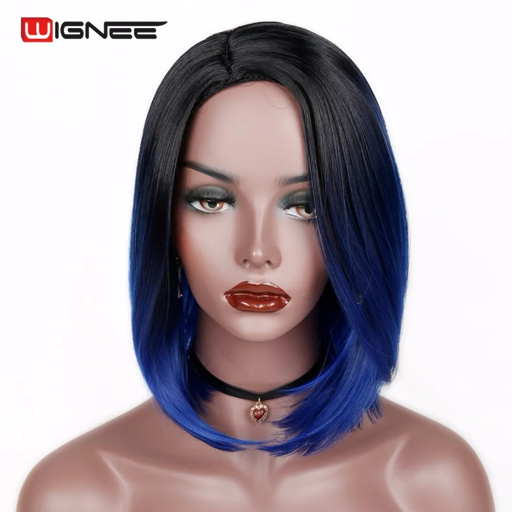 Wignee 2 тона Омбре синий цвет Боб волосы короткие синтетические парики для черных женщин естественная температура тепла натуральные косплей волосы парики