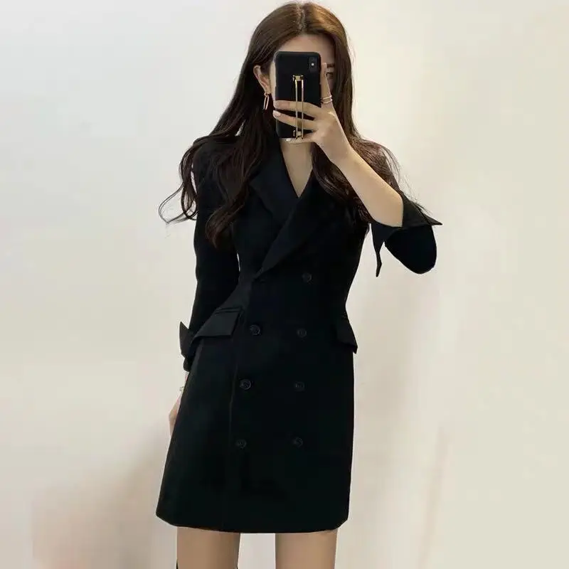 Spring And Autumn New Style South Korea Mid-length Slimming Slim Fit Small Suit Coat Double Breasted Long-sleeved Dress Wom