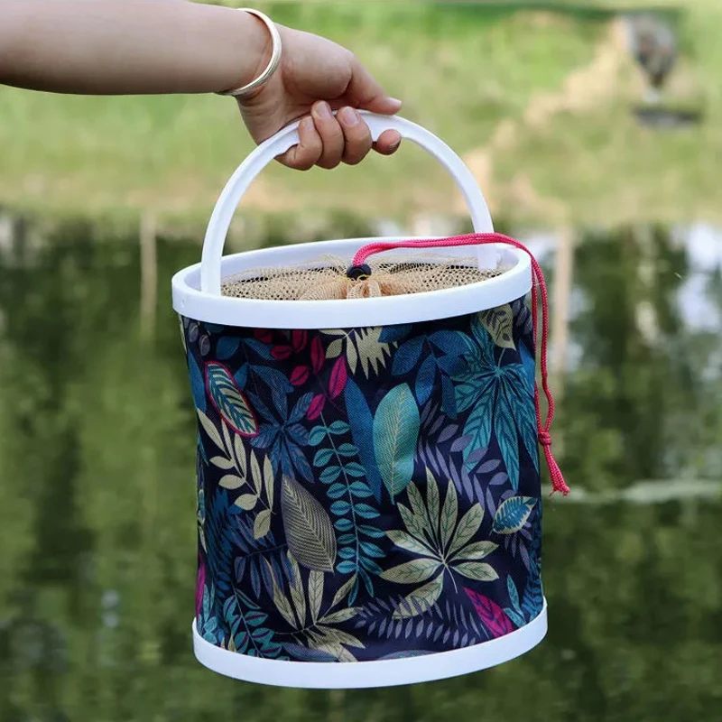 

Car Folding Bucket Outdoor Camping Fishing Bucket Thickened Canvas Water Bucket with Anti-jumping Net