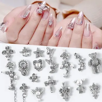 

1Pc Palace Style Zircon Silver Movable Bear Luxury Nail Rhinestones Butterfly Tassel Chains Pendant Nail Art Jewelry Accessories