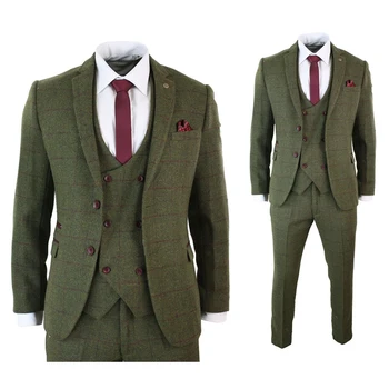 

Wool Olive Green British Plaid suit Retro Style Custom Made Men's Suits Set Man Blazer Suits 3 Piece (Jacket+Pants+Vest)