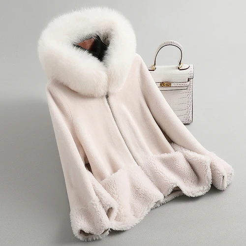 Beige GOURS, зимние женские пальто и куртки из натурального меха, одежда из натуральной шерсти с капюшоном из лисьего меха, толстые теплые длинные рукава, Новое поступление LD8821 - Цвет: Beige