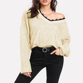

2019 New Autumn Winter Sweater Women V-Neck Minimalist Top Fashionable Knitting Casual Sweater pullover Solid color lace sweate
