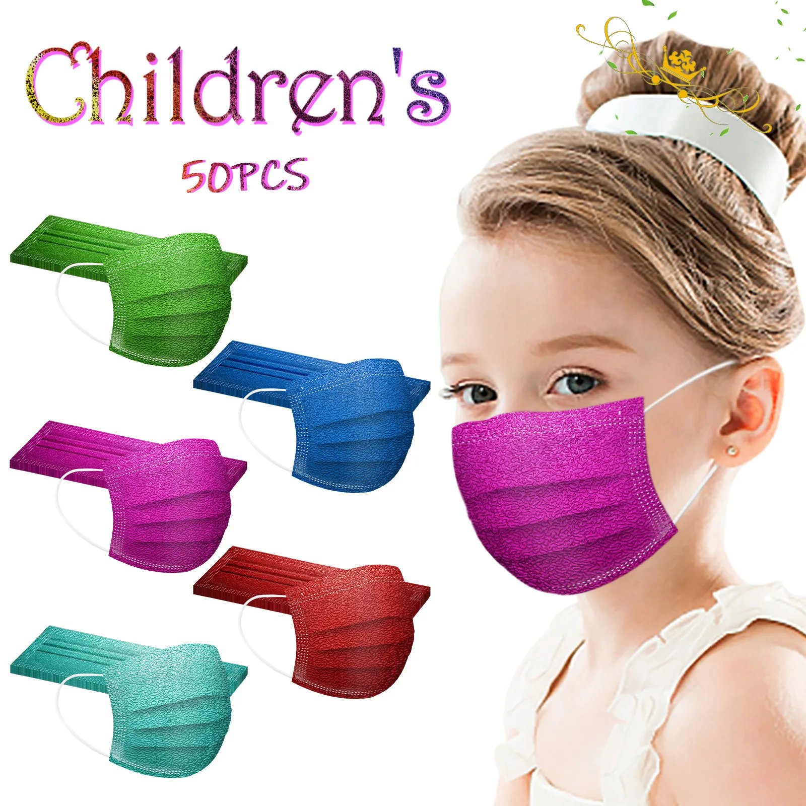 50pc Child Solid Mask Disposable Face Mask 3 Ply Ear Loop Halloween