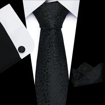 

New Design 8 cm 100% Silk Tie Set Jacquard Woven Stripe Silk Tie Hanky Cufflinks Necktie Sets For Wedding Party Men