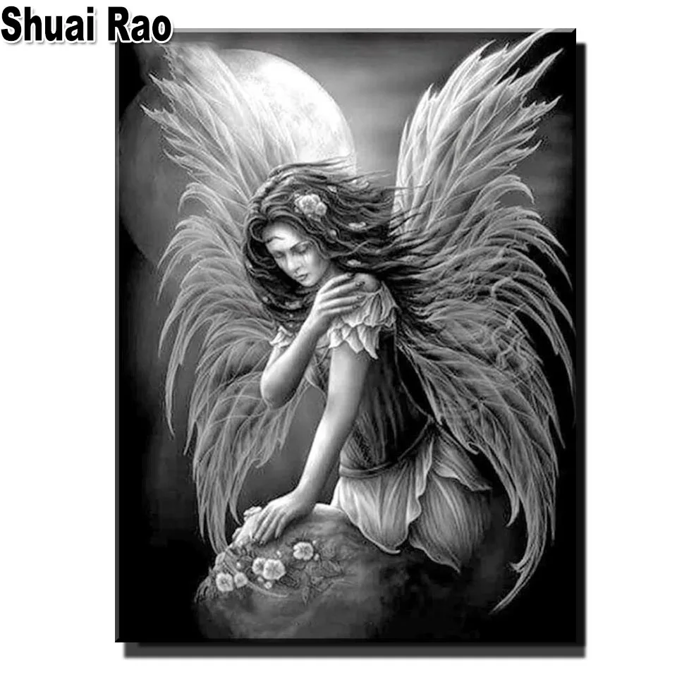 DIY 5D Diamond Painting Moon Girl Portrait Art Embroidery Mosaic Black White Angel Woman Sticker Decor | Дом и сад