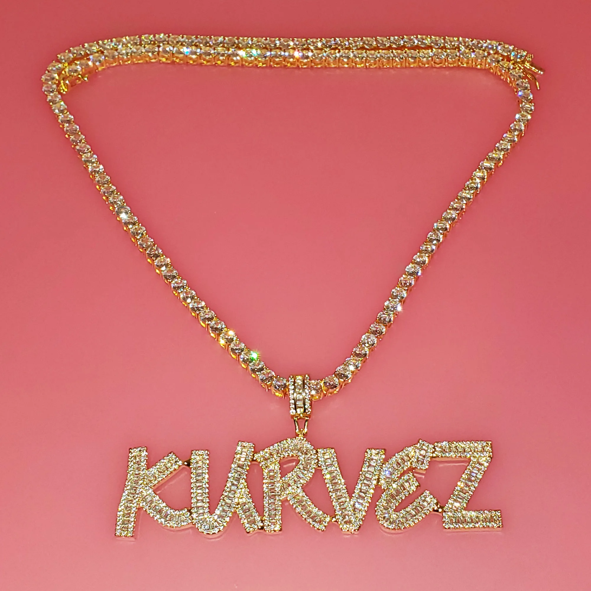 Custom Iced Out Bling Baguette Initial Name Pendant with Tennis Chain Choker Jewelry Personalized Name Necklace DROP SHIPPING