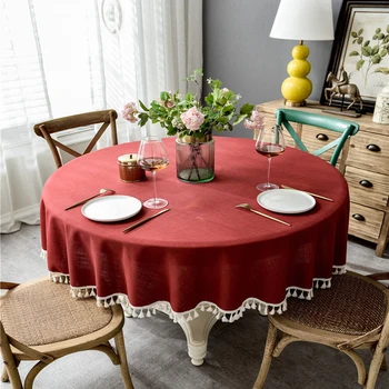 

Home decor Solid color Cotton linen embroidery lacetassel round Tablecloth Waterproof kitchen dining Table colth Cover Washable