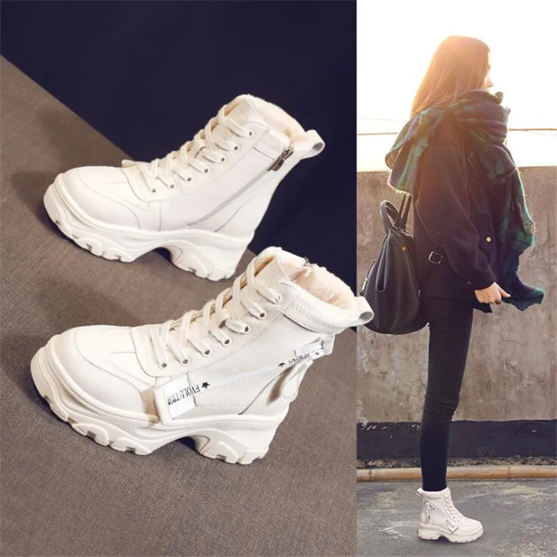 DIWEINI Leather Women's Chunky Boots Winter Thick Fur Warm Women Platform Sneakers Fashion Combat Boot Woman Martin Shoes