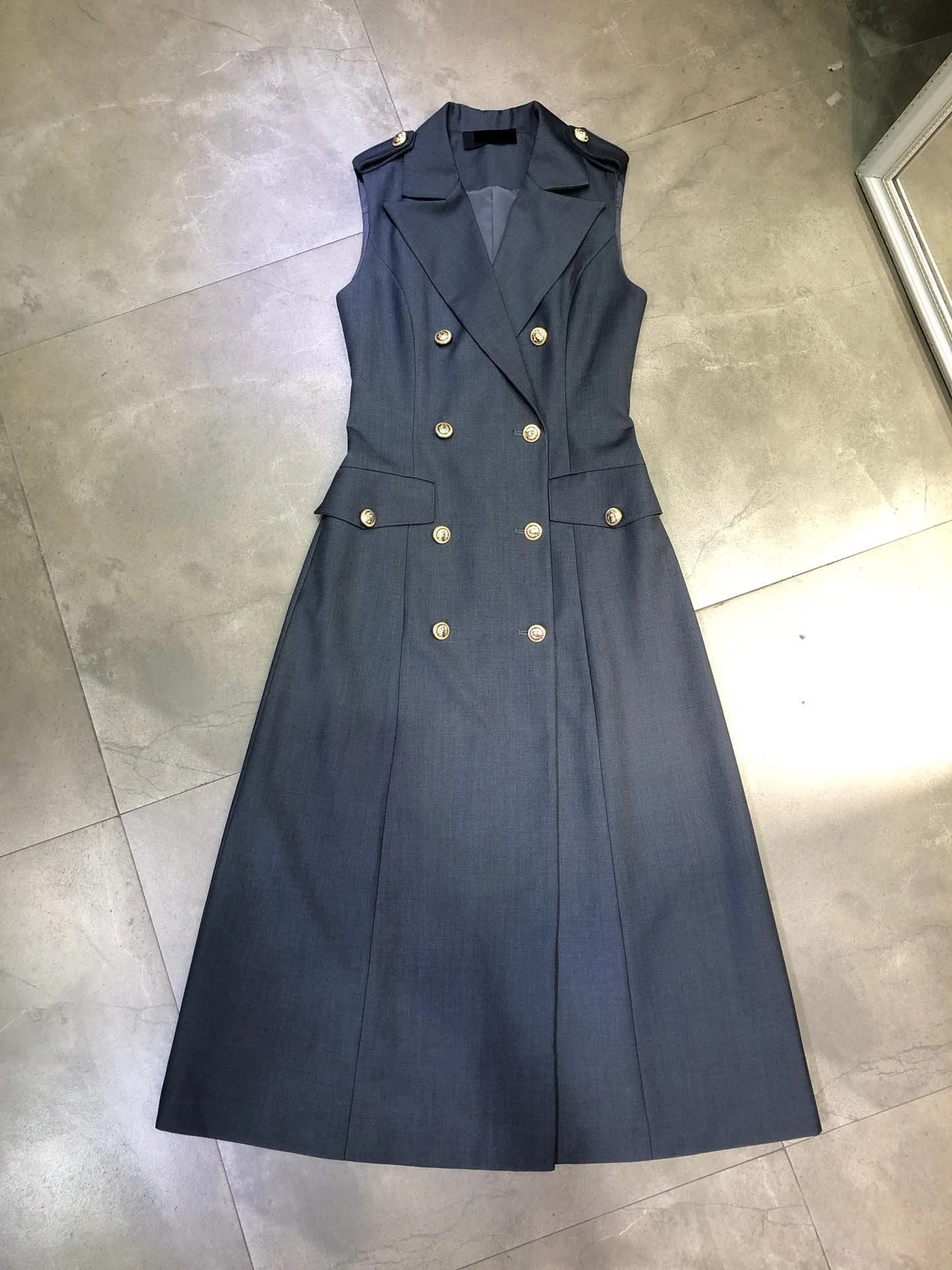 gray European and American Autumn new women's maxi dress double-breasted suit jacket sleeveless vest long dress vestido - Цвет: gray