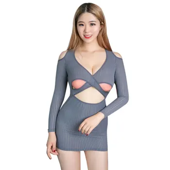 

Erotic Dress High Elastic Vertical Stripe Micro MINI Dress Longsleeves See Through Hollow Out Pencil Cute Straight Tight Dress