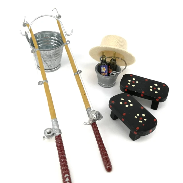 Creative New 1/12 Dollhouse Miniature Fishing Rod Hat Bucket Stool
