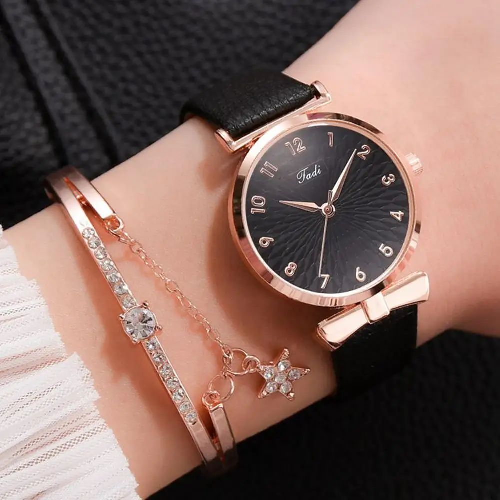 Women Watches Bracelet Set Flowers Ladies Bracelet Watch Casual Leather Quartz Wristwatch 2pcs Set Clock Gifts Relogio Feminino
