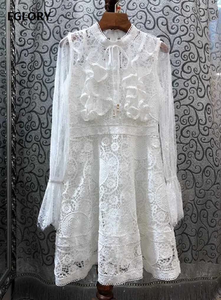 

Top Quality New 2020 Spring Summer Runway Dress Women Stand Neck Ruffle Patchwork Long Sleeve White Blue Lace Embroidery Dress