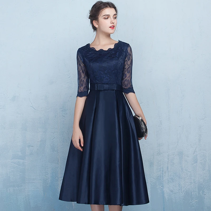 new lace satin half sleeve A Line navy blue bridesmaid dress Tea Length wedding guest dress godmother boda amarillo