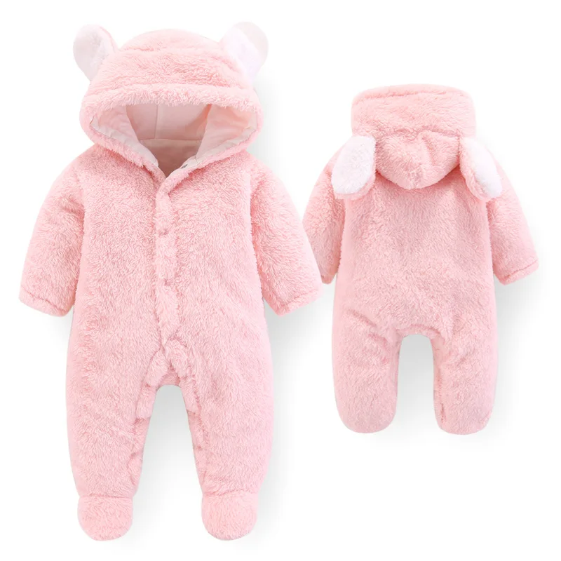 Мягкая зимняя одежда с капюшоном для новорожденных милые весенние теплые детские пижамы в форме плюшевого мишки для скалолазания Детский комбинезон - Цвет: Розовый