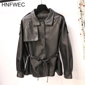 

2019 Autumn New Long Sleeve Solid Color Loose PU Leather Jacket Women's Short Lace Korean Women Leather Coat T099