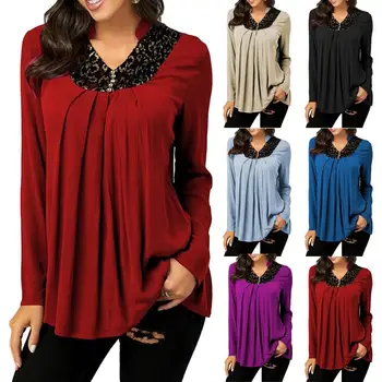 

Women Autumn Solid Color V Neck Long Sleeve Loose Female Shirts Top