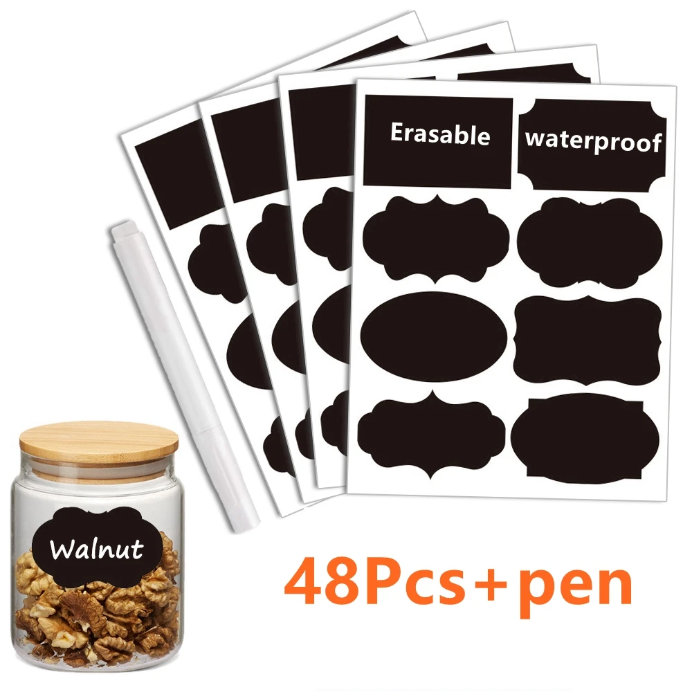Removable Blackboard Sticker 48pcs Spice Jar Kitchen Jars Bottles Label Sticker Erasable Marker Kitchen organization