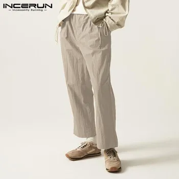 

Men Casual Pants Button Cotton Solid Loose Joggers Business Straight Pants Trousers Men Streetwear Pantalones Hombre 5XL INCERUN