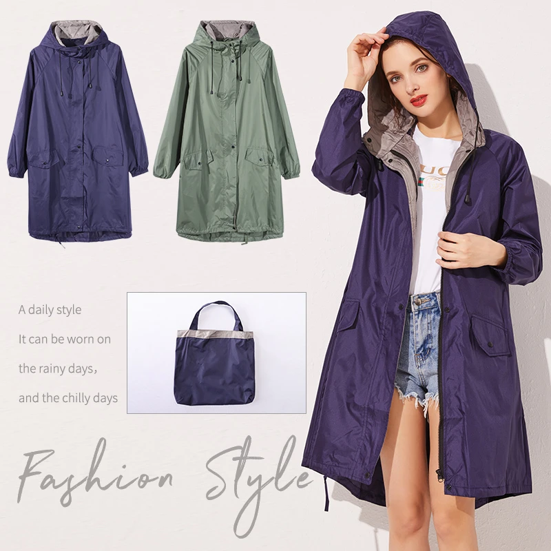 Womens Stylish Long Raincoat Waterproof Rain Coat Jacket with