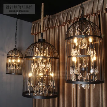 

New Rusty/Black, 35/50/60cm, Retro Crystal Chandelier Bird Cage Rope Cable, Pendant Hotel Restaurant Bar Club Creative Lamp
