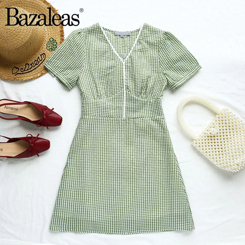 Винтажное клетчатое светло зеленое женское мини платье тонкие платья