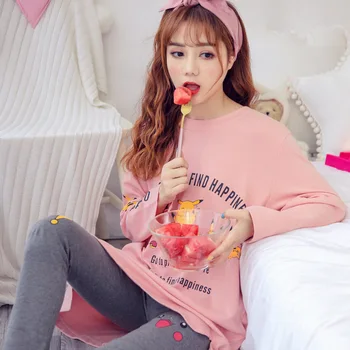 

Spring and Autumn Long Sleeve Pajamas Women Set Mid-length Sweet Home Service Loose Cartoon Set Autumn and Winter Korean-style
