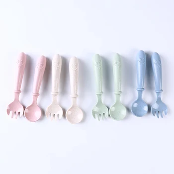 

Children'S Cutlery Set Wheat Straw Material Spoon Baby Creative Cartoon Spoon Fork Sets High Quality