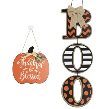 

Halloween Thankful Blessed Pumpkin Boo Hanging Sign Wooden Board Plaque Home Door Window Wall Decoration Thanksgiving Day Gift