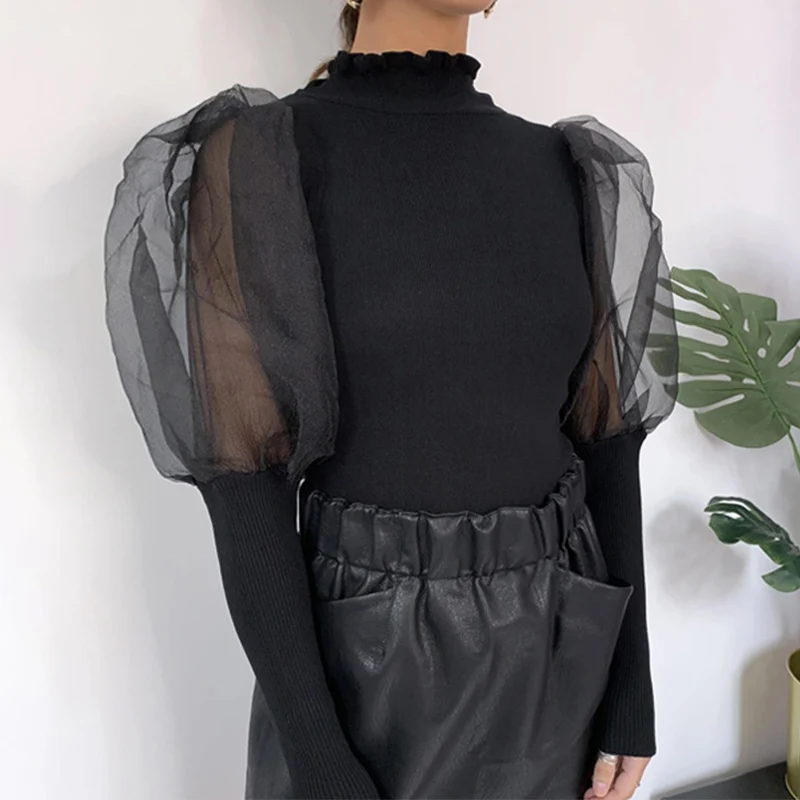 Women Bodysuits Solid Knitted Ruffled Neck Sexy Female Bodysuit Mesh Puff Sleeve Patchwork Slim Fashion Ladies Overall Clothes