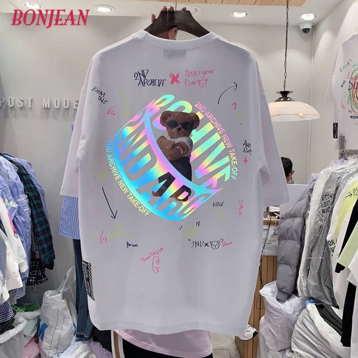 Oversize t shirts Cartoon Bear Print Reflective Rainbow T Shirts Harajuku  Streetwear Top Tees Cotton Casual Half Sleeve Clothing