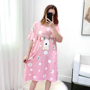 

Summer Short-sleeved Nightdress Female Cute Cartoon Printed Dress Pajamas Girl Sweet Loose Double Pocket Home Service
