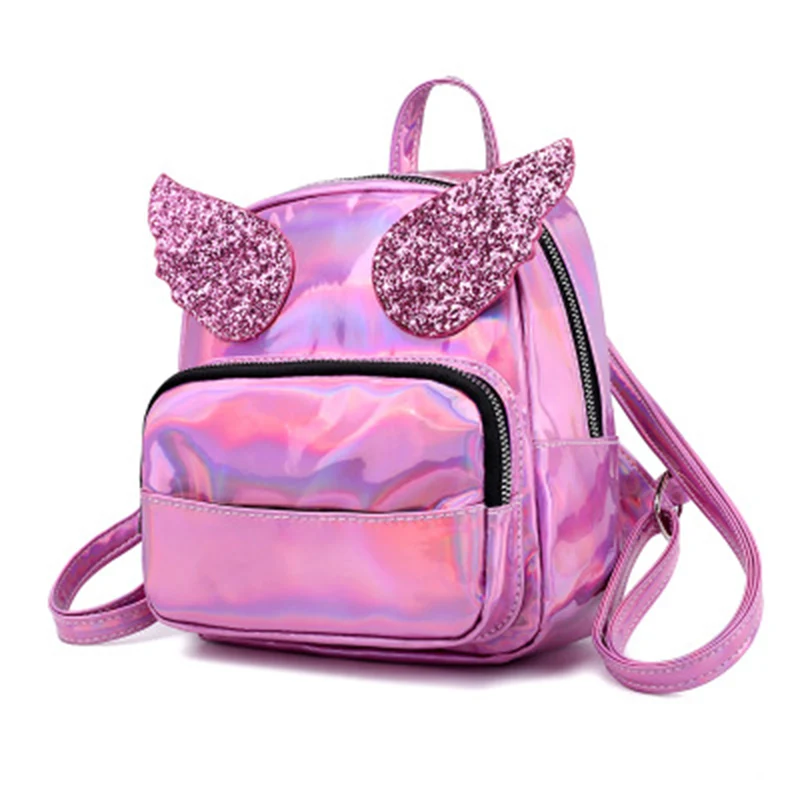 1 шт., блестящий лазерный рюкзак с крыльями ангела, расшитый блестками, из искусственной кожи, детская школьная сумка с рисунками для девочек и мальчиков, двойной рюкзак на плечо, Прямая поставка - Цвет: Розовый